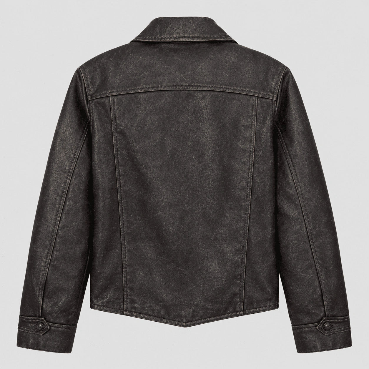 A dark charcoal gray faux leather jacket shown from the back, featuring a collar, long sleeves with buttoned cuffs, and a distressed texture, set against a solid light gray background.