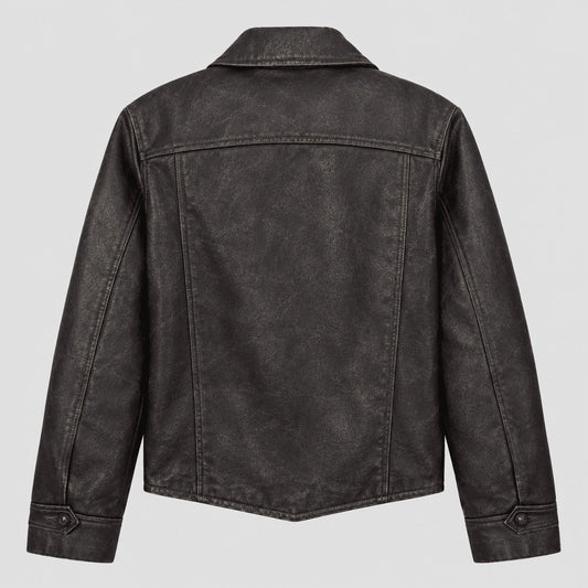A dark charcoal gray faux leather jacket shown from the back, featuring a collar, long sleeves with buttoned cuffs, and a distressed texture, set against a solid light gray background.