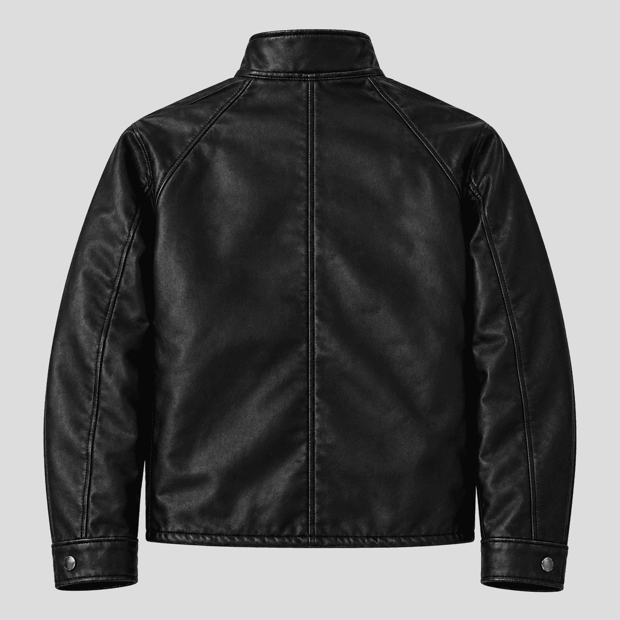 Black leather jacket shown from the back, featuring a high collar, central seam, and buttoned cuffs, photographed on a solid light gray background.