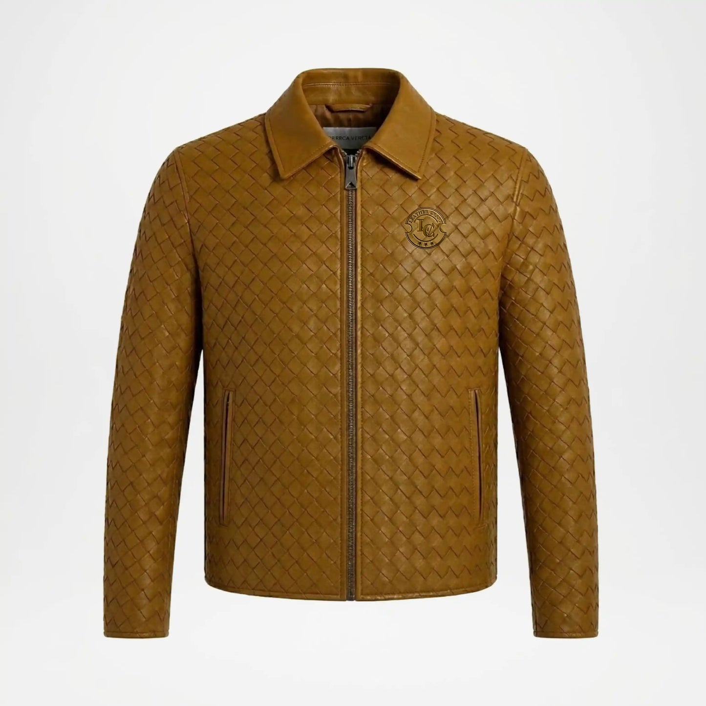 Men's Woven Leather Bomber Jacket | Tan Brown Genuine Leather