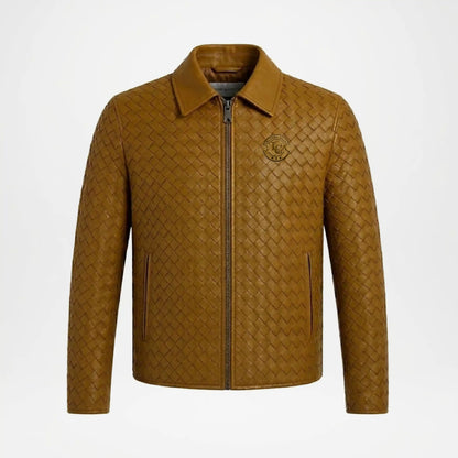 Men's Woven Leather Bomber Jacket | Tan Brown Genuine Leather