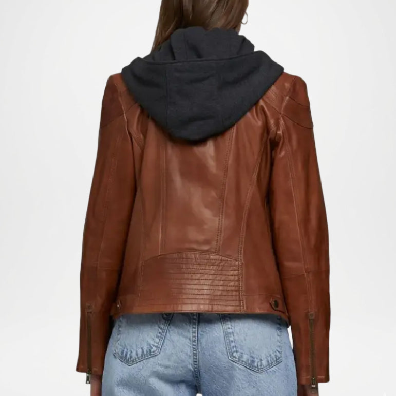 Women’s Tan Leather Jacket Vintage Style back veiw