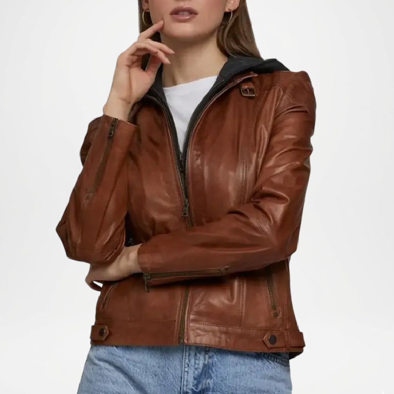 Brown leather jacket worn by a person on a white background