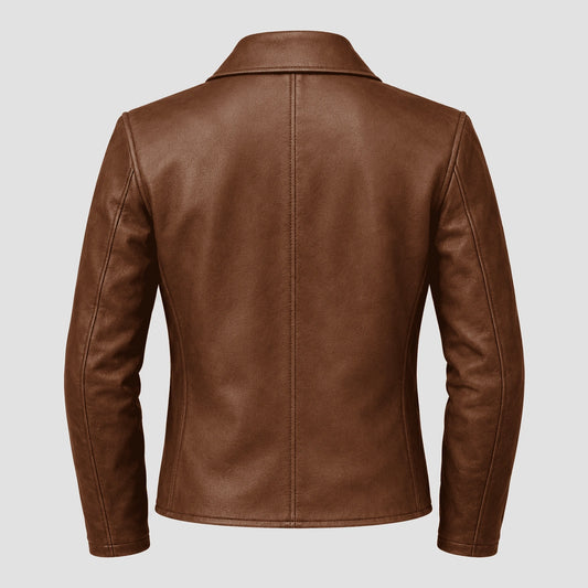 A brown leather jacket shown from the back, featuring a smooth texture, a central seam, and a collar, set against a solid light gray background.