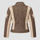 A women's biker jacket shown from the back, featuring a brown and beige color-blocked design with star patches on the upper sleeves.