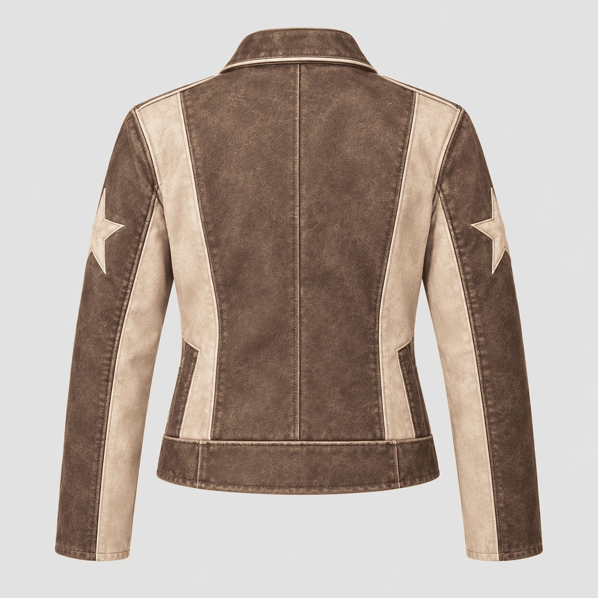 A women's biker jacket shown from the back, featuring a brown and beige color-blocked design with star patches on the upper sleeves.