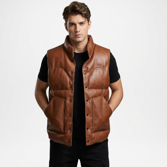 Brown Leather Puffer Vest Men