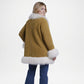 Woman wearing a mustard yellow coat with white fur trim 