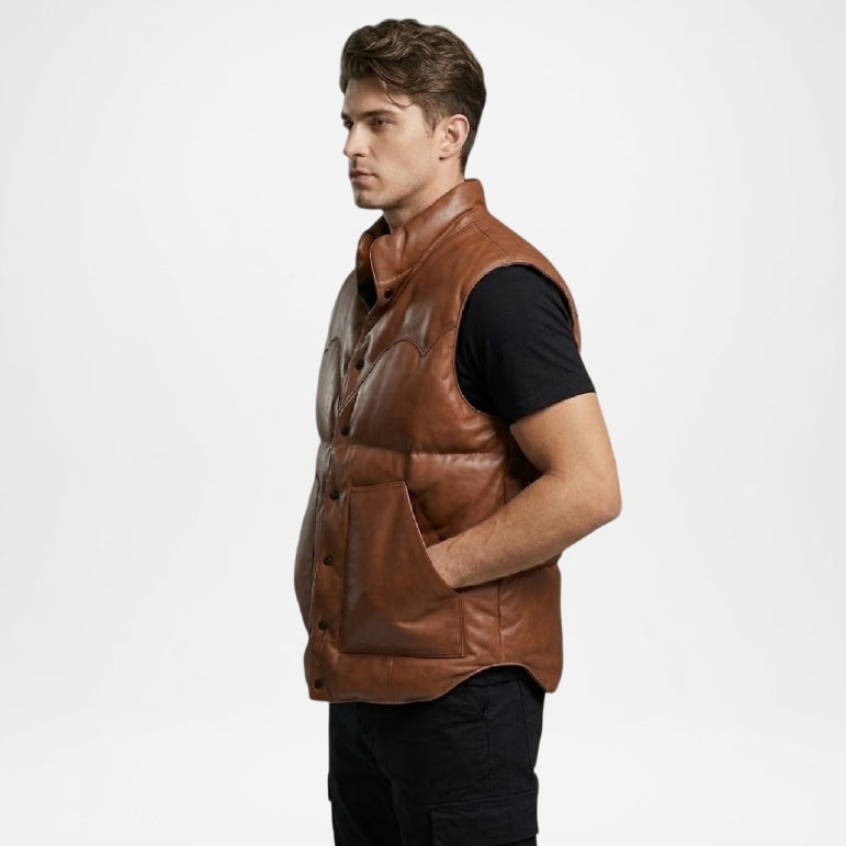 leather puffer vest brown 