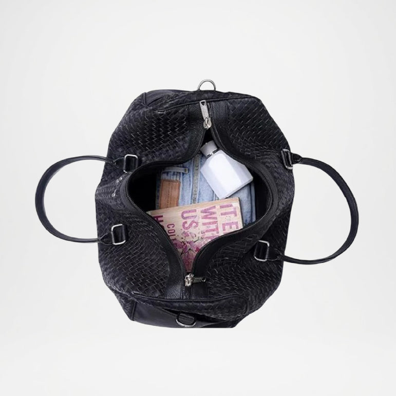 Cowhide Leather Duffle Bag Black Braided Travel Bag With Zipper

