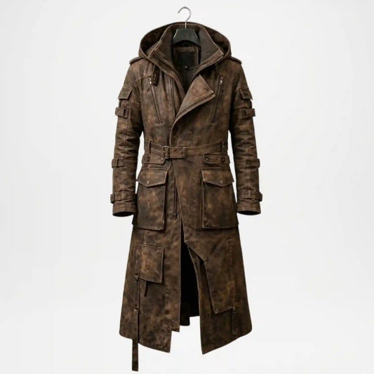 Vintage Trench Coat for Men | Distressed Leather Long Coat
