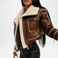 Brown leather jacket with white fur lining worn by a person on a white background