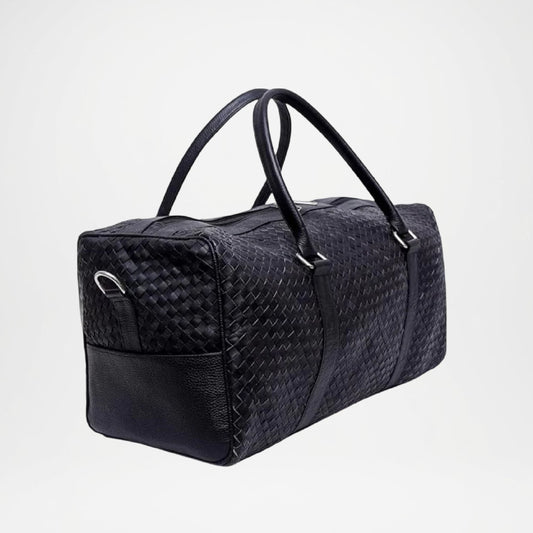 Cowhide Leather Duffle Bag Black Braided Travel Bag