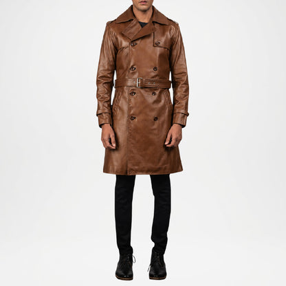 mens brown leather long coat
