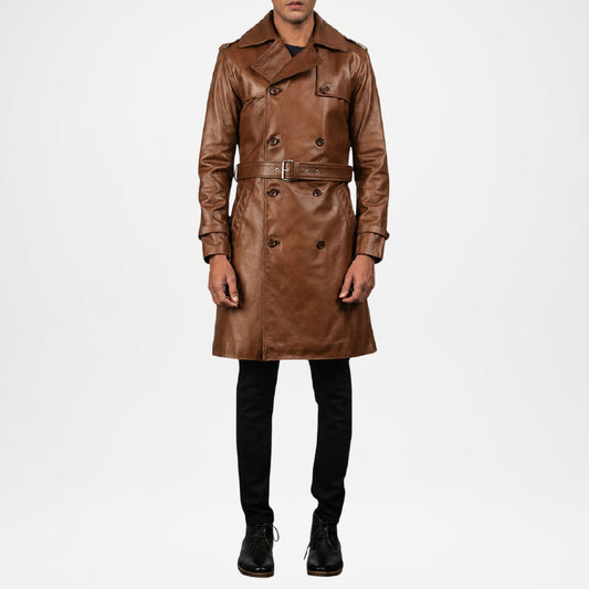 mens brown leather long coat
