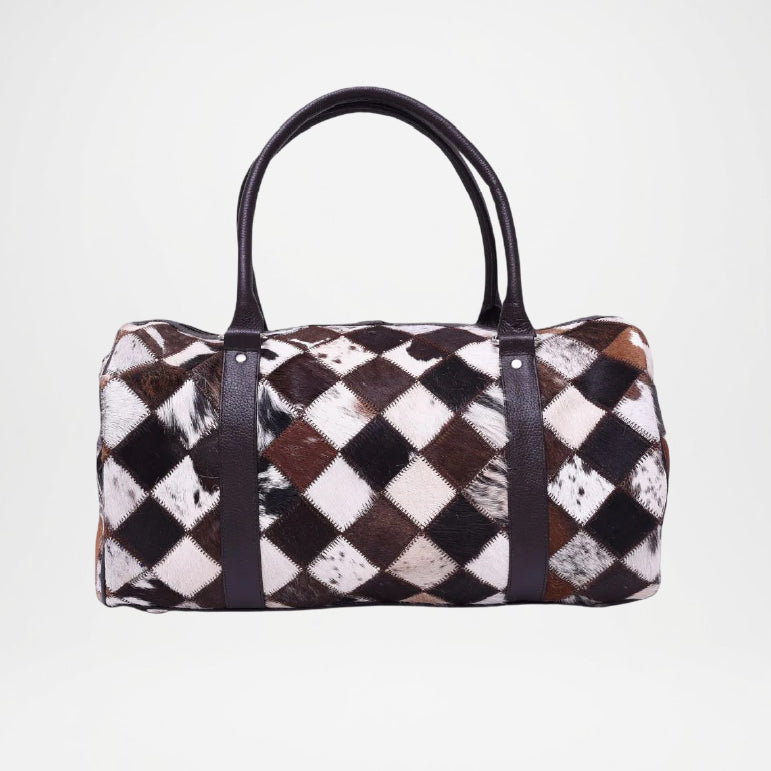 Checkered Cowhide Leather Duffle Bag Travel