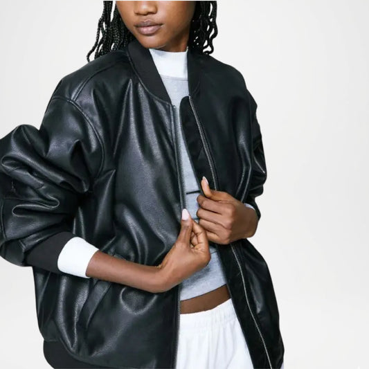 Women’s Black Leather Bomber Jacket