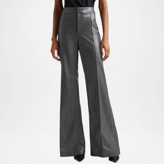 Women’s Grey Leather Flare Trousers for Trendy Street Style Look
