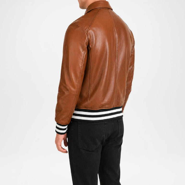 brown leather letterman varsity jacket