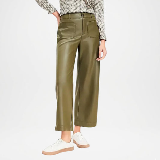 Bess Women’s Olive Green Leather Crop Pants – Trendy Street Style