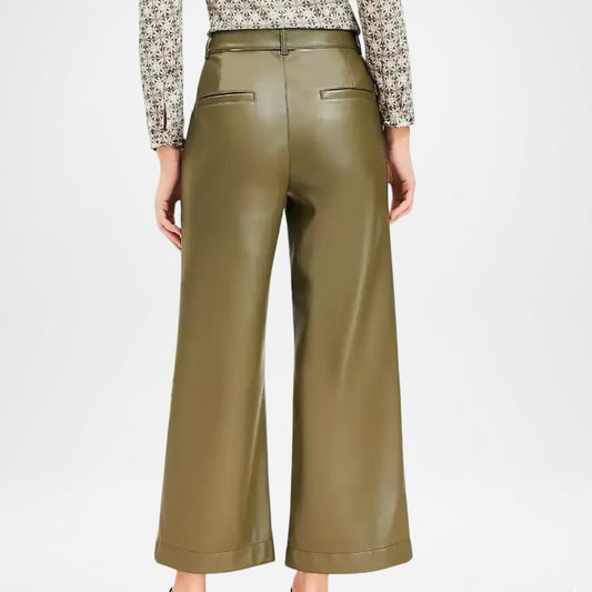 Bess Women’s Olive Green Leather Crop Pants – Trendy Street Style