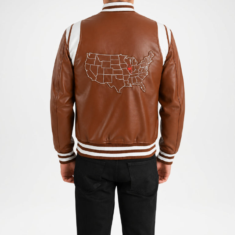 Brown leather jacket with a map of the United States on the back