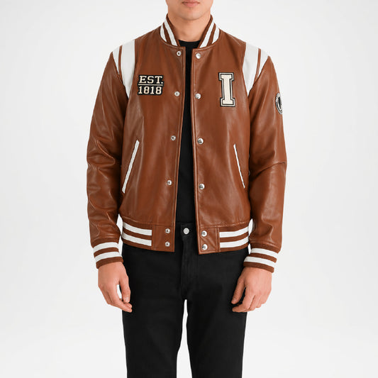 mens brown white varsity jacket