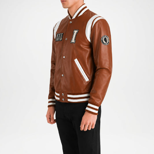 brown and white leather jacket