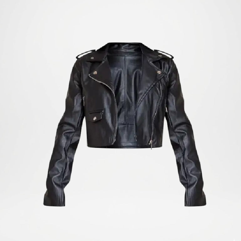 Black leather jacket on a light gray background