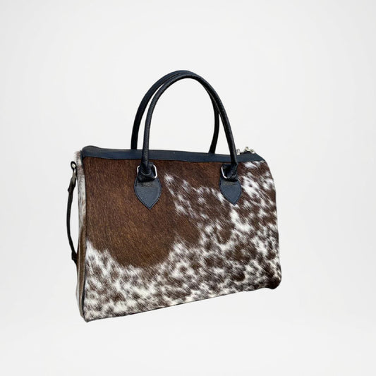 Handcrafted Brown White Cowhide Tote Bag – Unique Natural Leather Tote