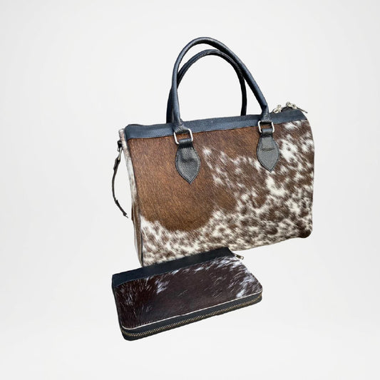 Handcrafted Brown White Cowhide Tote Bag – Unique Natural Leather Tote