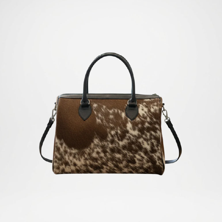 Handcrafted Brown White Cowhide Tote Bag – Unique Natural Leather Tote