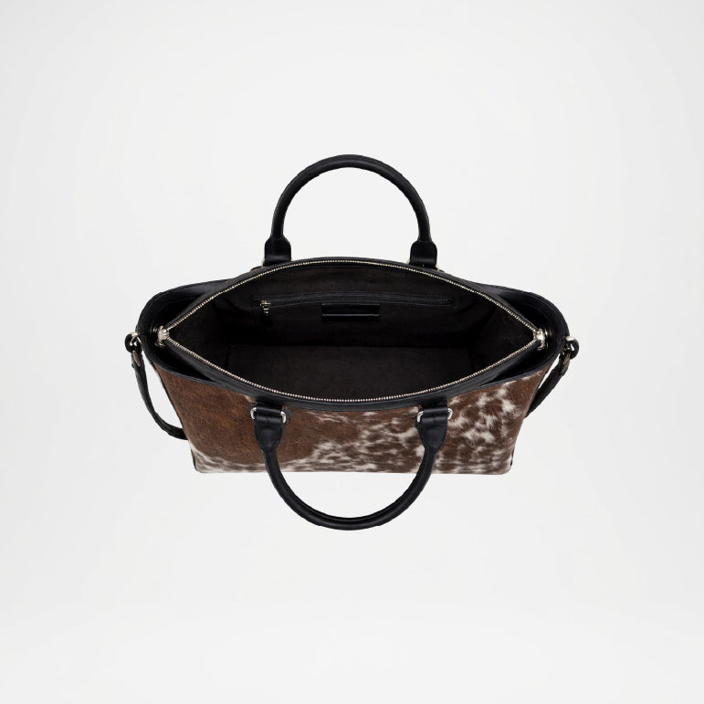 Handcrafted Brown White Cowhide Tote Bag – Unique Natural Leather Tote