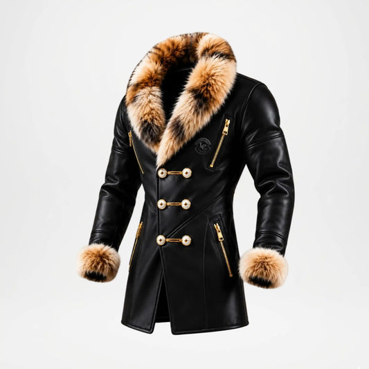 Black Faux Leather Coat Fur Collar – Men’s Winter Long Coat