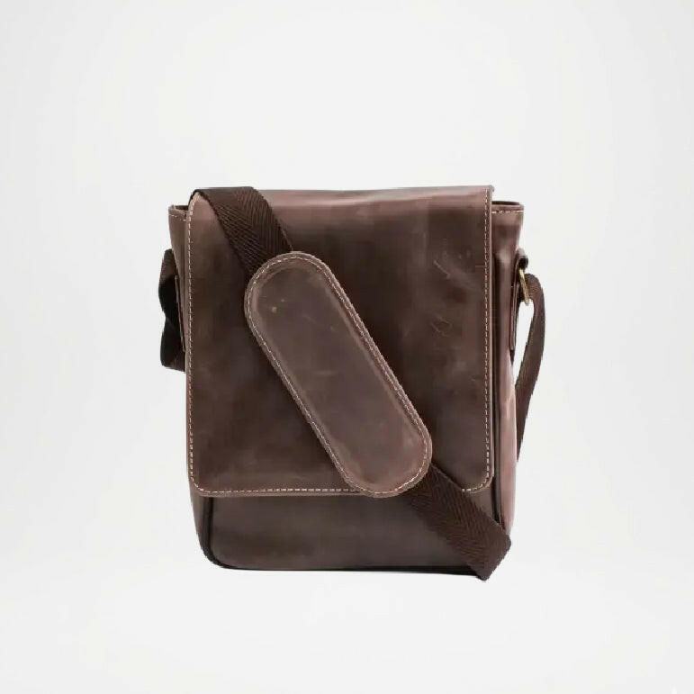 brown leather crossbody bag with button
