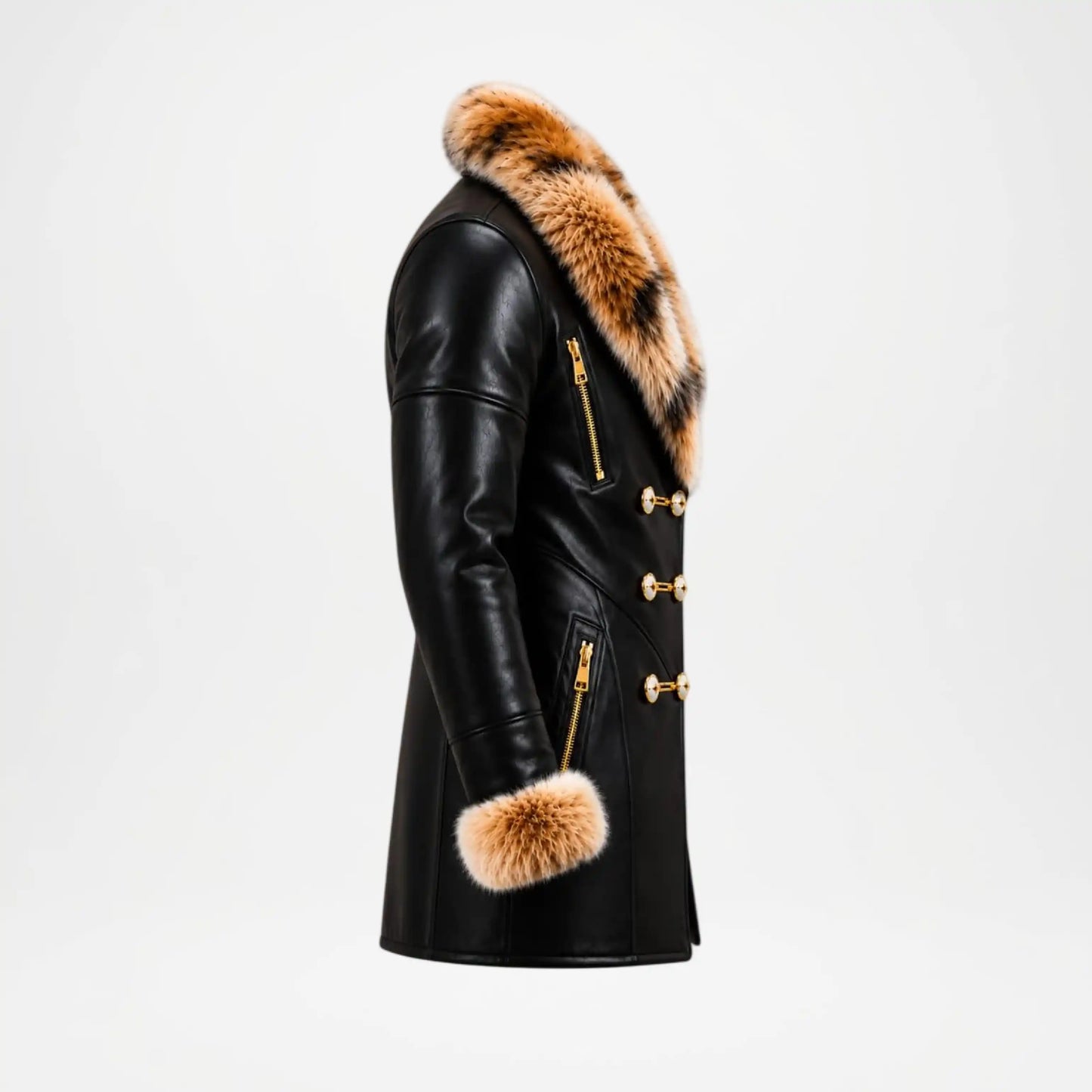 Black Faux Leather Coat Fur Collar – Men’s Winter Long Coat