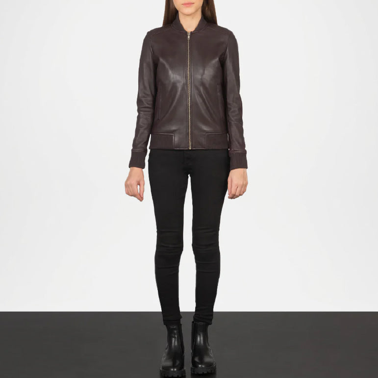 Women’s Maroon Leather Bomber Jacket