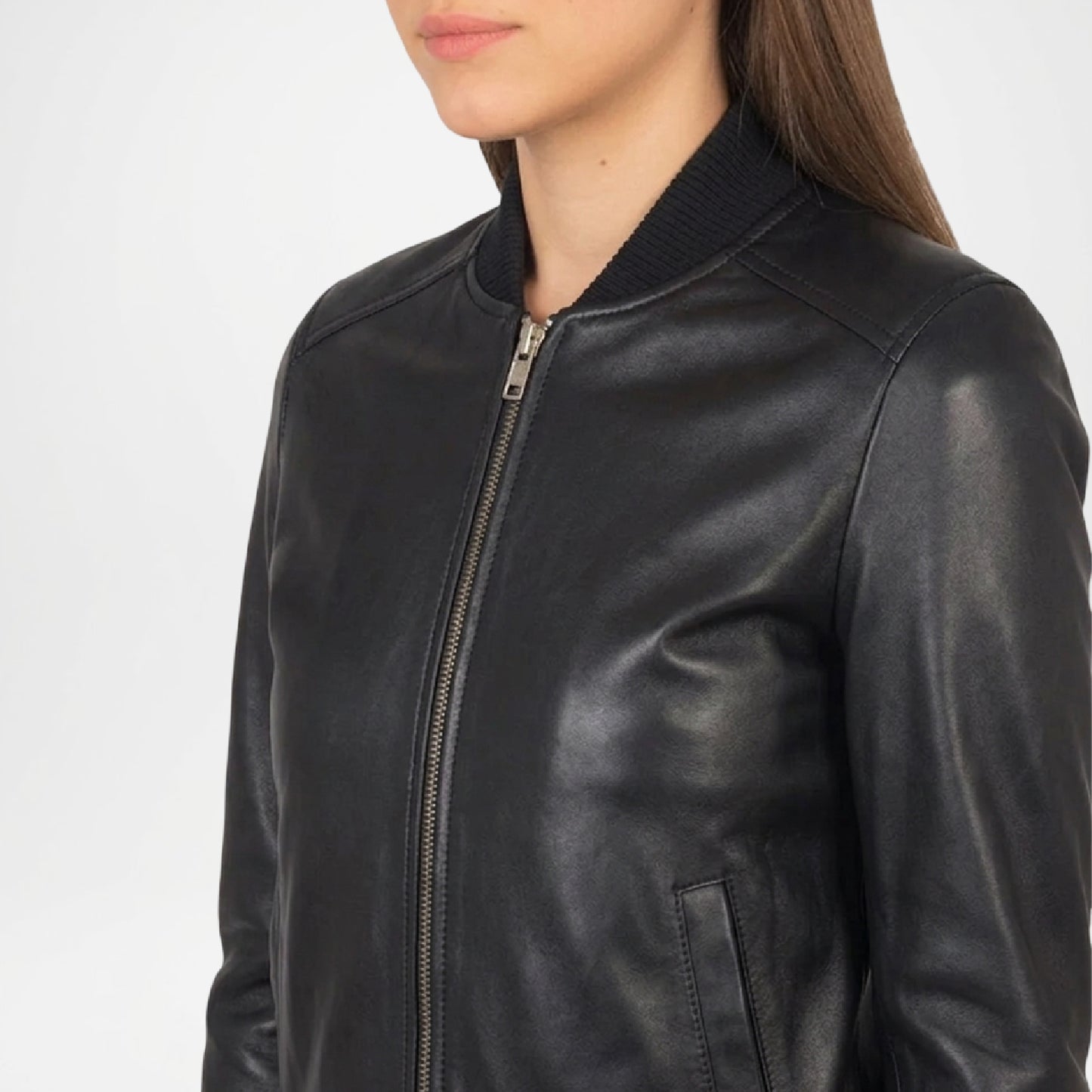 black genuine leather bomber jacket women
