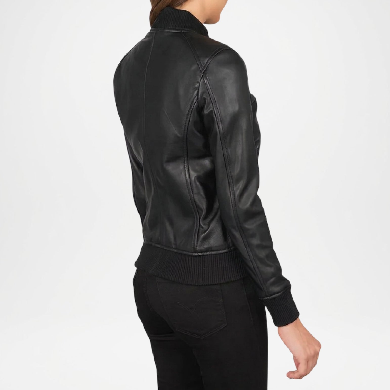 Black leather jacket worn by a person on a white background