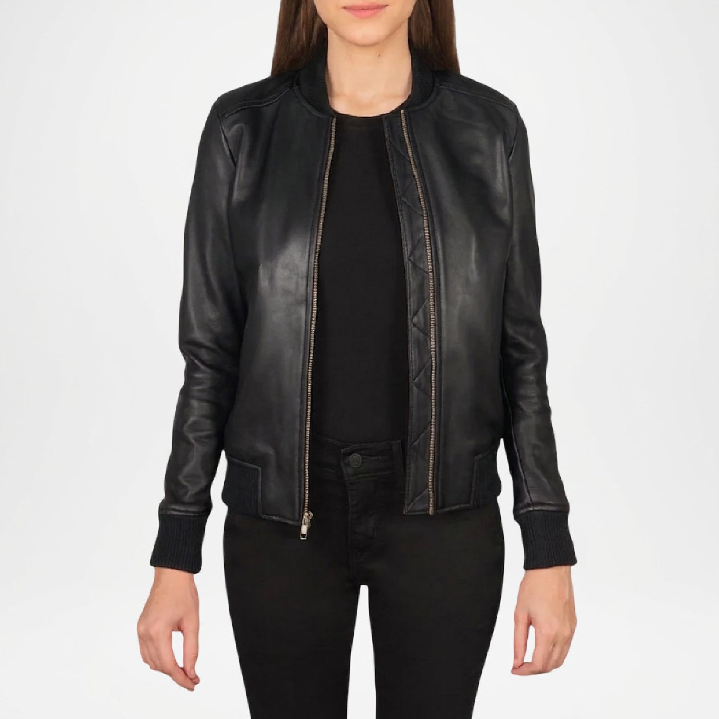 Black Leather Bomber Women Jacket
