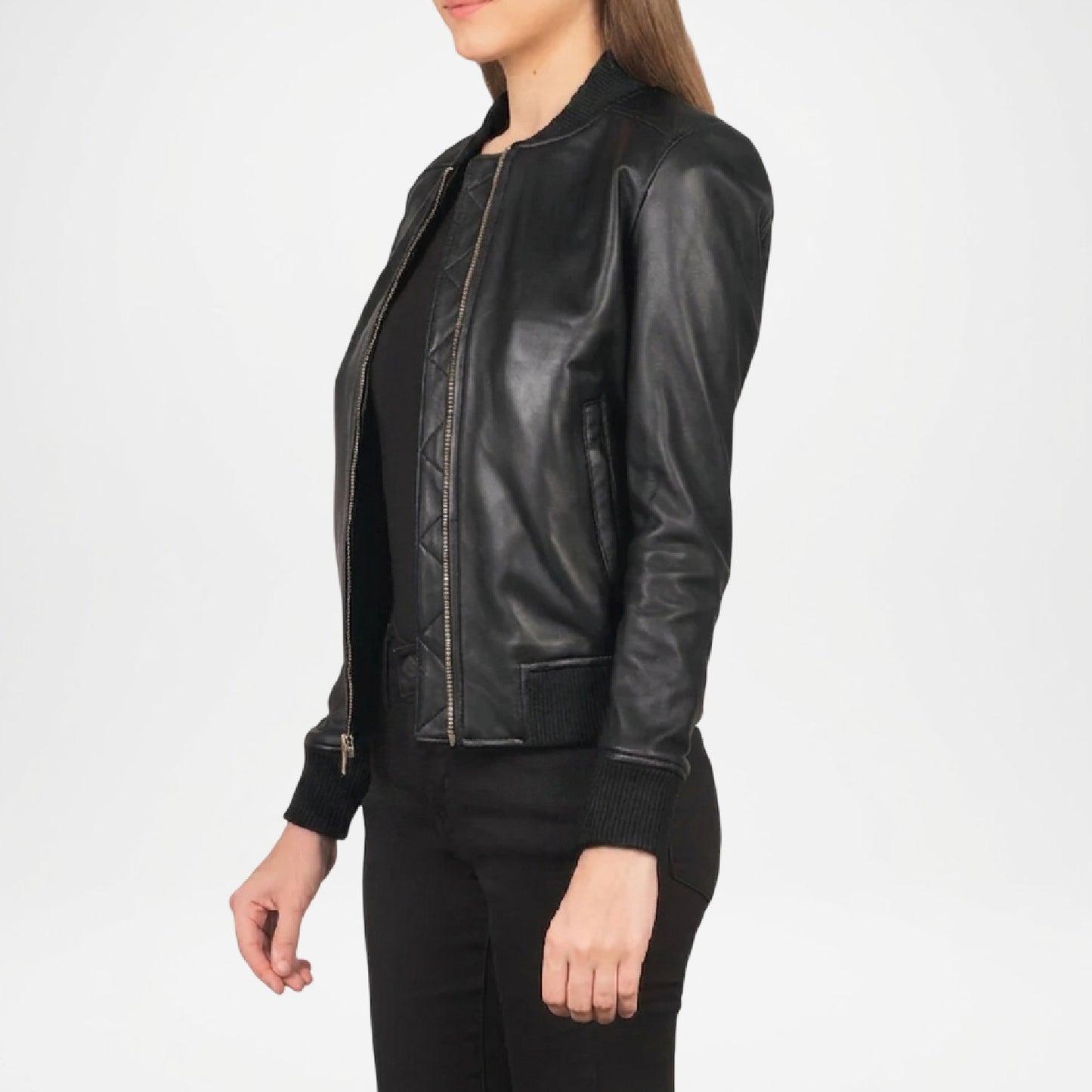 black leather bomber jacket women outfit
