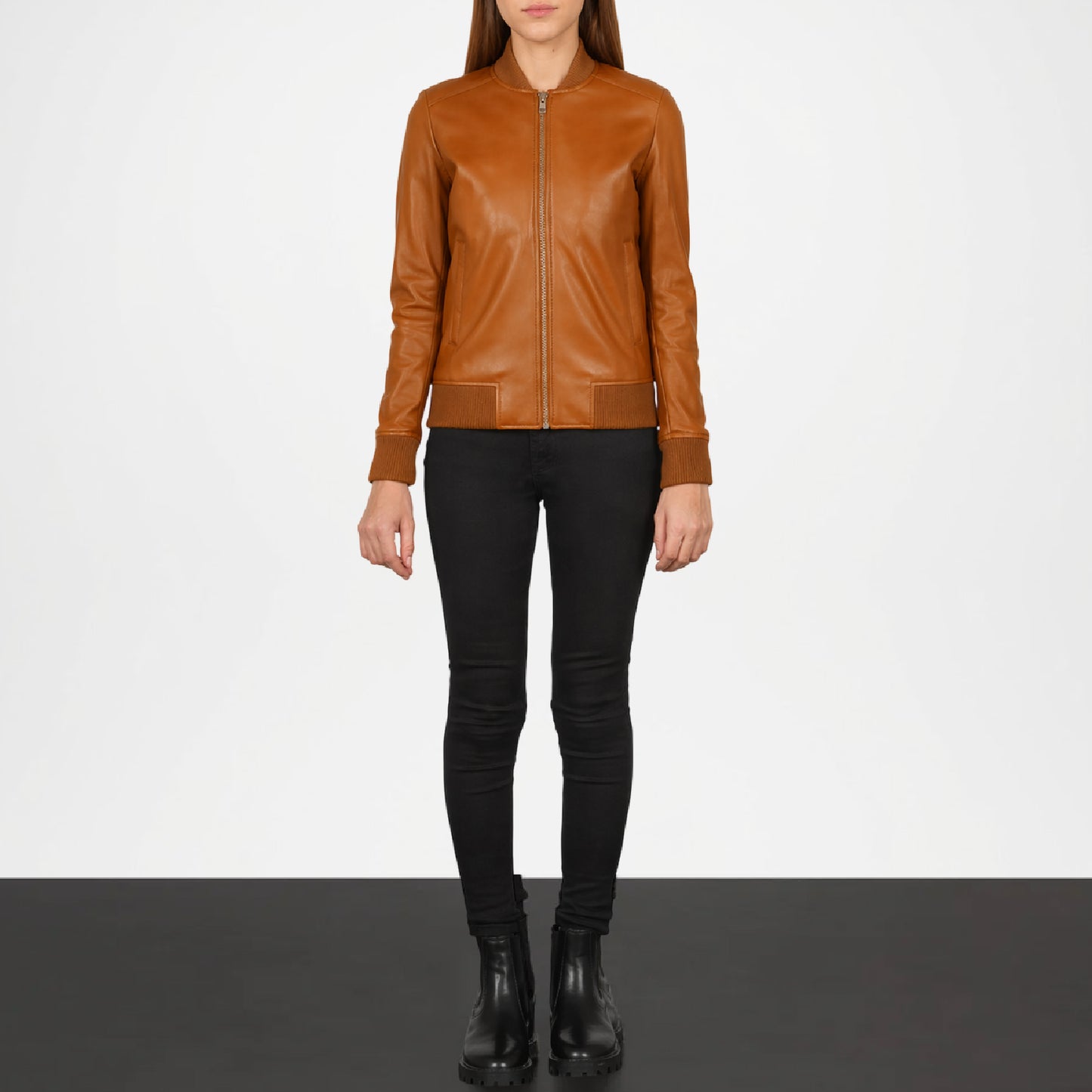brown leather bomber jacket women outfit
