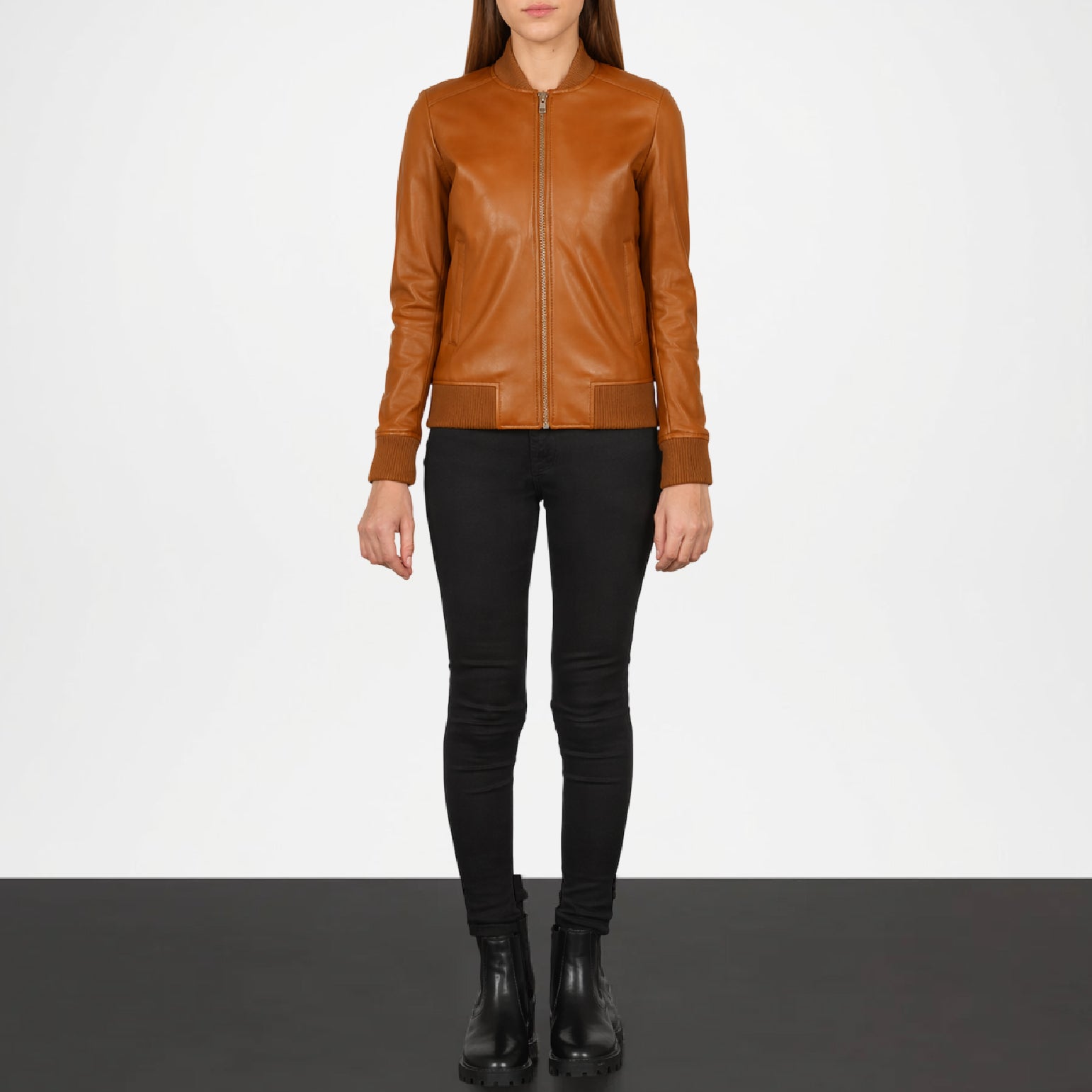 brown leather bomber jacket women outfit
