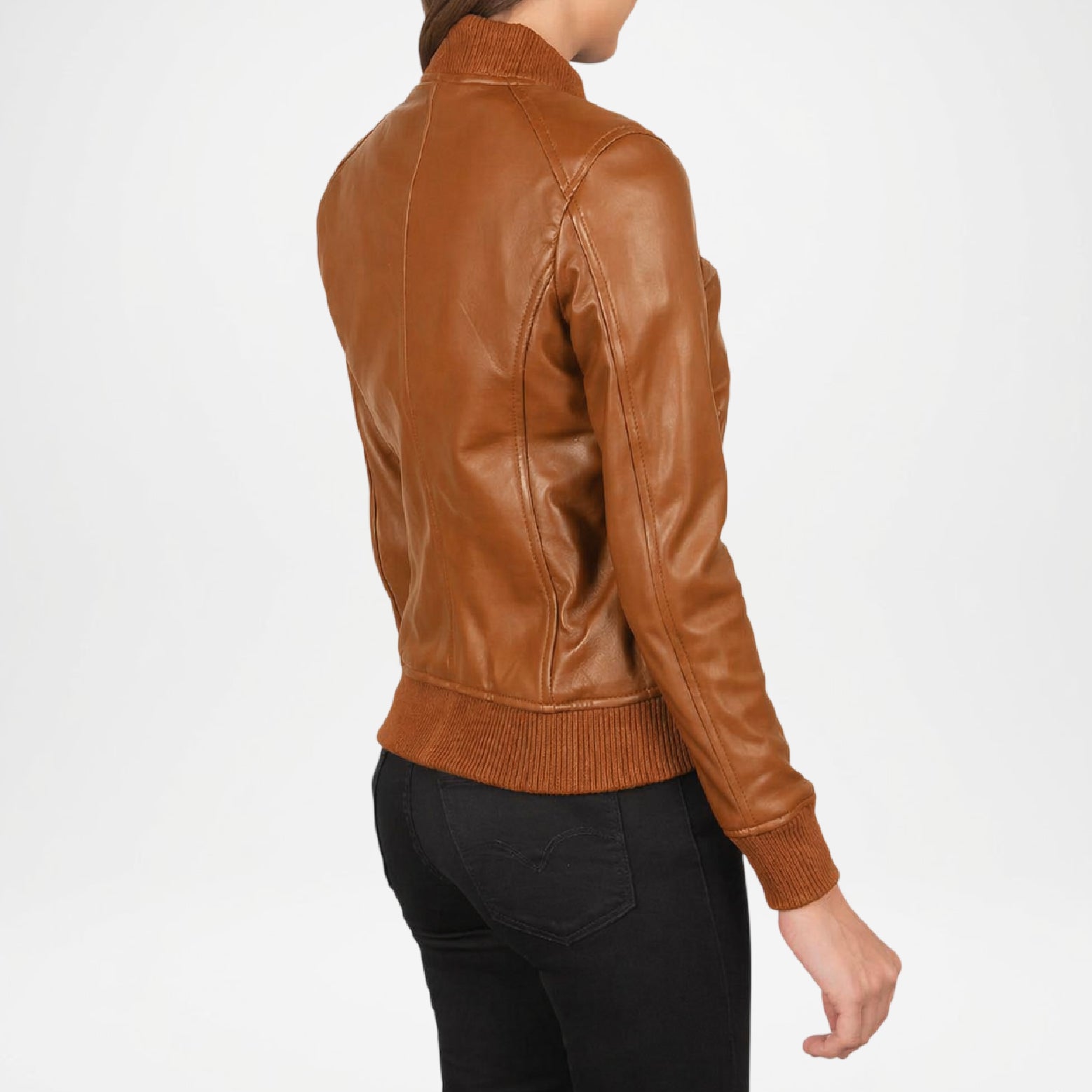 Brown leather jacket worn by a person on a white background