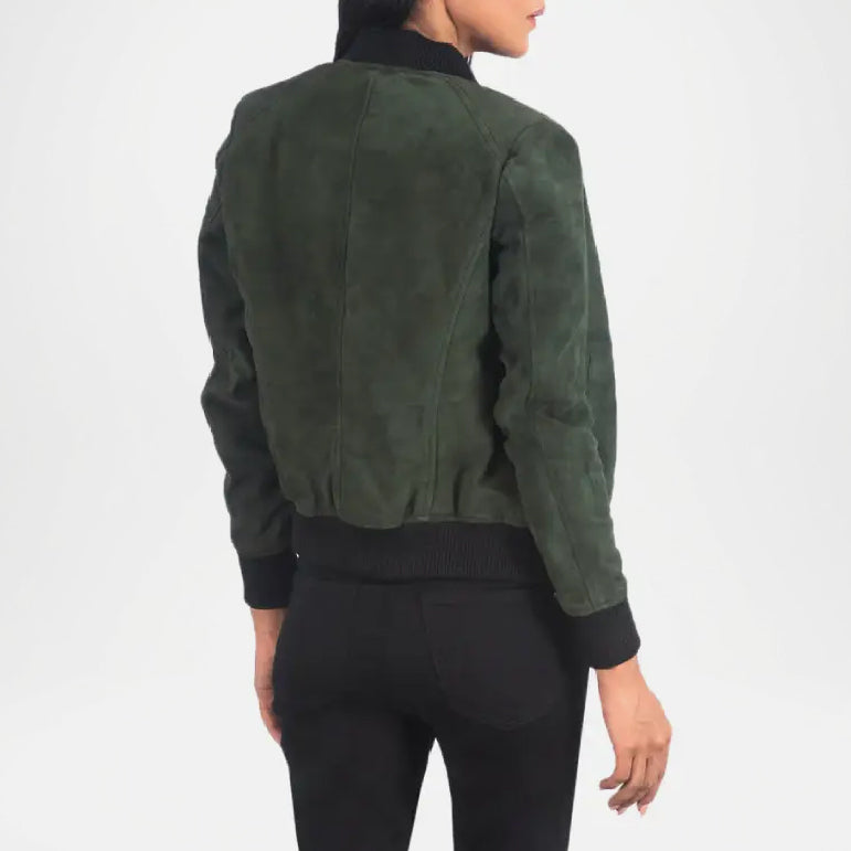 Green suede jacket worn by a person 