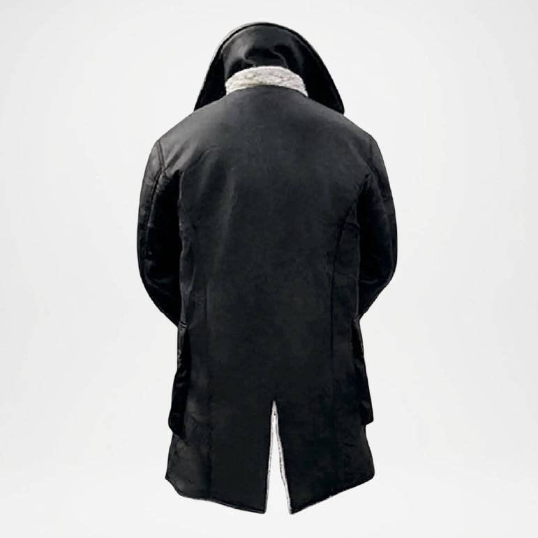 black shearling leather coat
