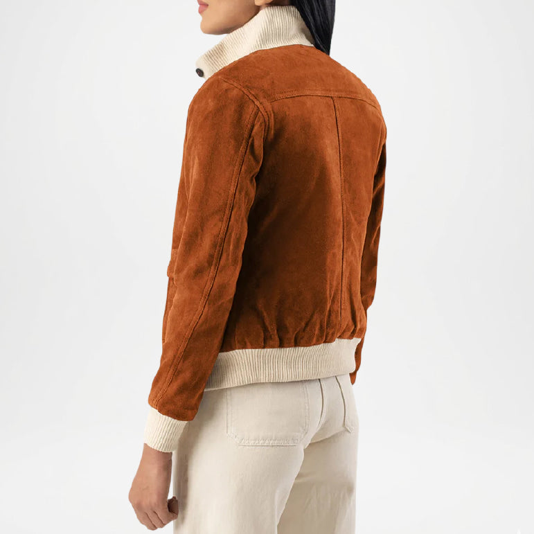 Brown suede jacket worn back view