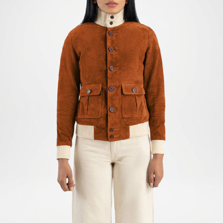 Brown suede jacket worn by a person on a white background