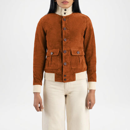 Brown suede jacket worn by a person on a white background