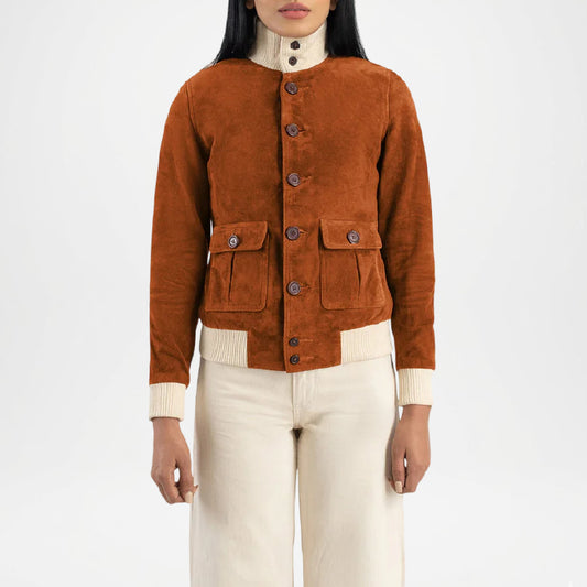 Brown suede jacket worn by a person on a white background